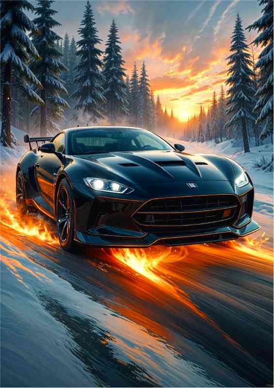 Black sports car burning through the forest | Canvas