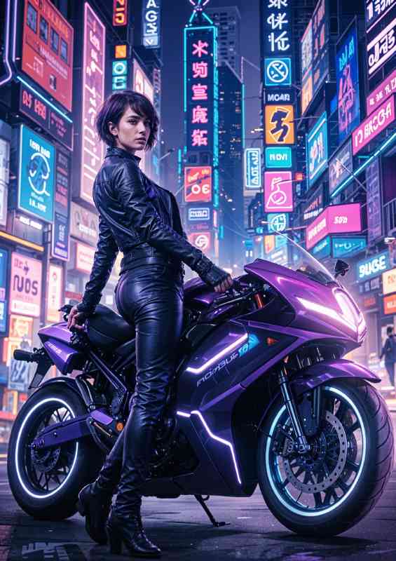 Futuristic purple motorcycle in a neon lit city street | Canvas