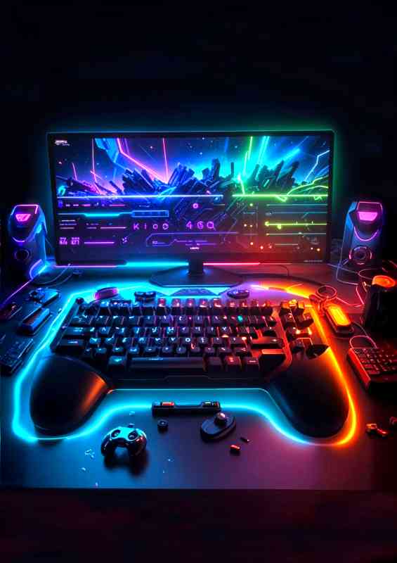 Keyboard gaming warrior in neon | Metal Poster