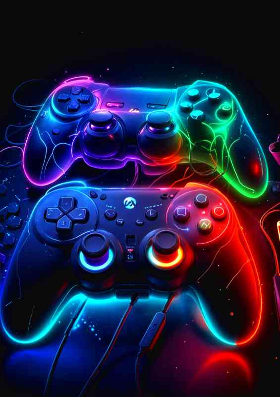 Pair of ultimate gaming controllers in neon | Poster