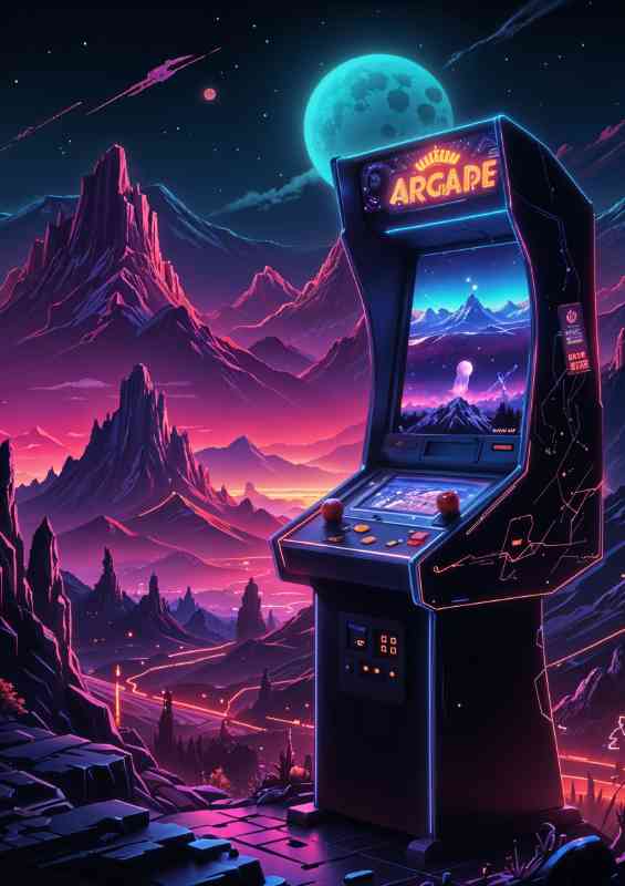 Retro arcade game machine neon lit | Metal Poster