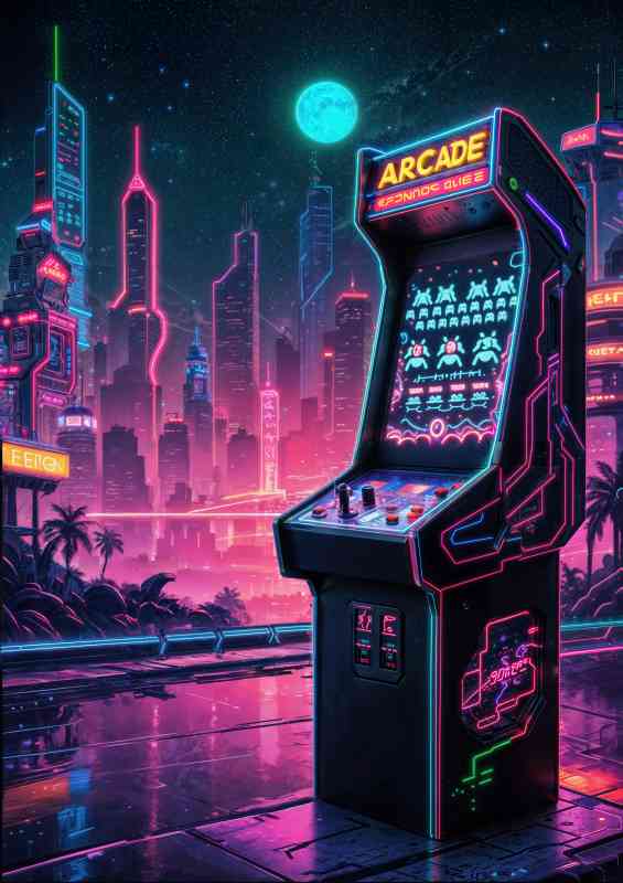 Retro gaming machine in the neon city | Metal Poster