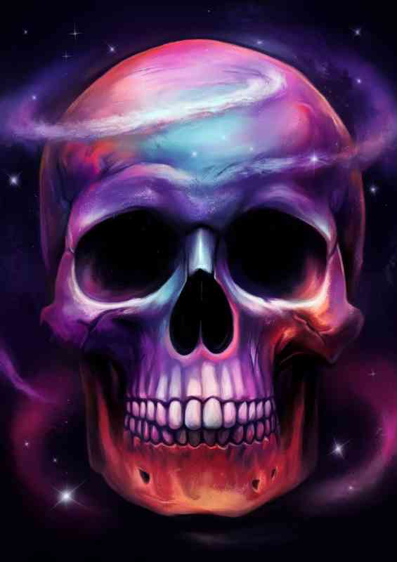 Vividly colored skull set against a cosmic skies | Metal Poster