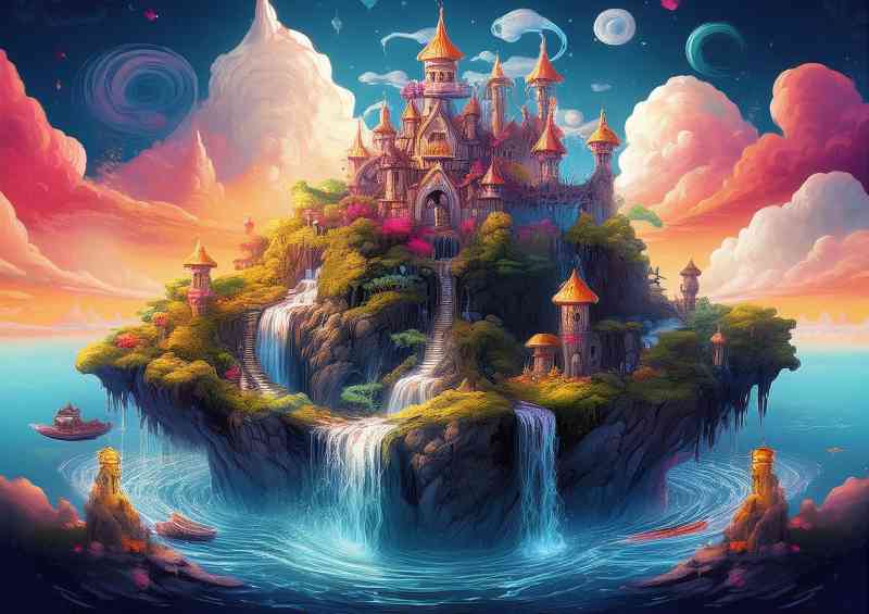 Floating castle with cascading waterfalls | Metal Poster