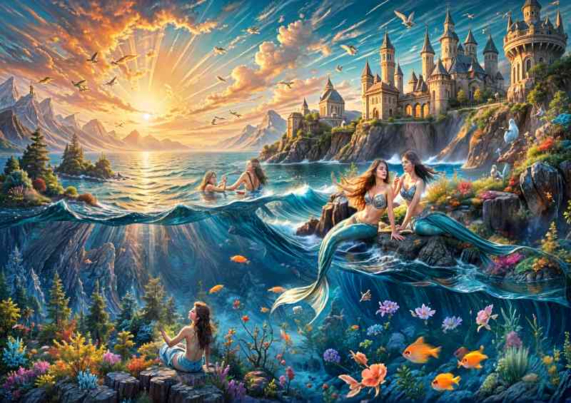 Mairmaids in the sea with a fairytail castle | Metal Poster