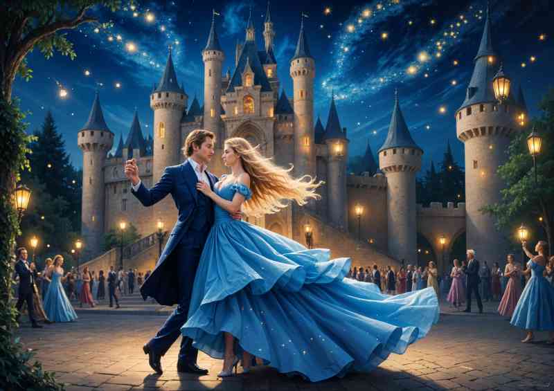 Princess and prince dancing in front of the castle | Metal Poster