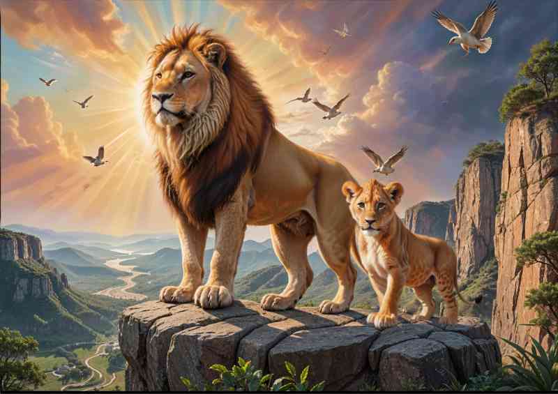 The lion king and his cub on the rocks | Metal Poster