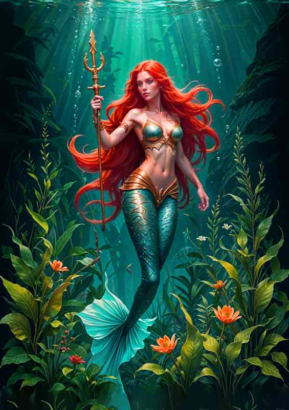 Beautiful mermaid warrior with long flowing red hair and a golden blue tail | Poster