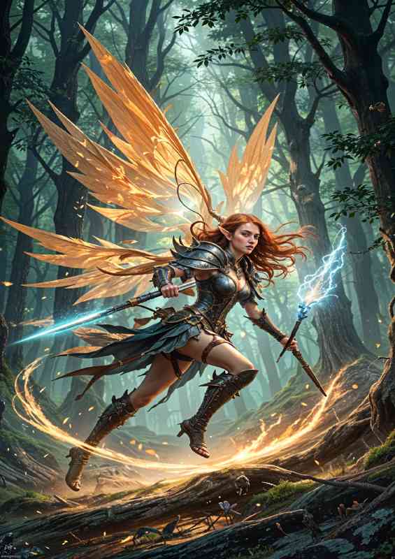 Elf style warrior with long bright red hair and with bright coloured magical wings | Di-Bond