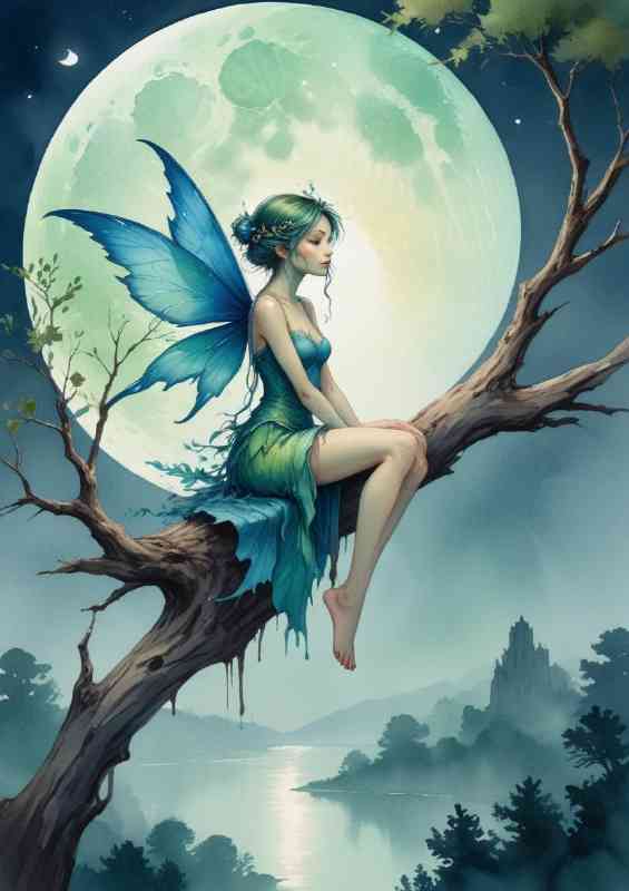 Fairy with blue and green wings sitting on a tree branch | Metal Poster