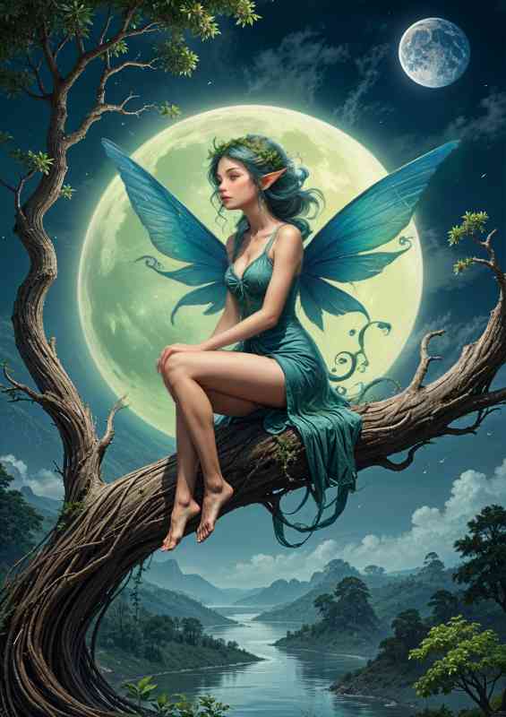Fantasy fairy with a large moon on a oak tree | Metal Poster