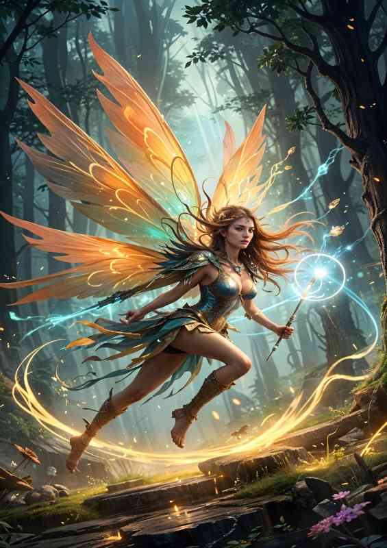 Female fairy warrior magical with large colorful wings.jpg | Metal Poster