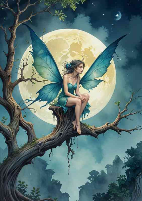 female fairy with blue and green wings sitting on a tree branch | Di-Bond
