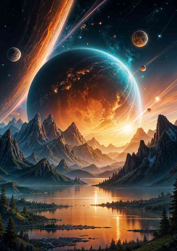 Glowing planet in the sky with mountains | Poster