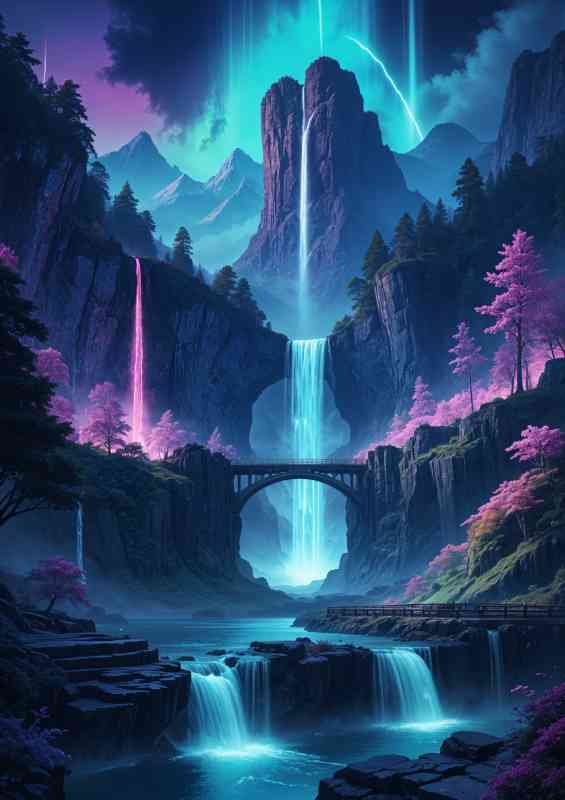Landscape with a majestic waterfall cascading down towering cliffs | Canvas