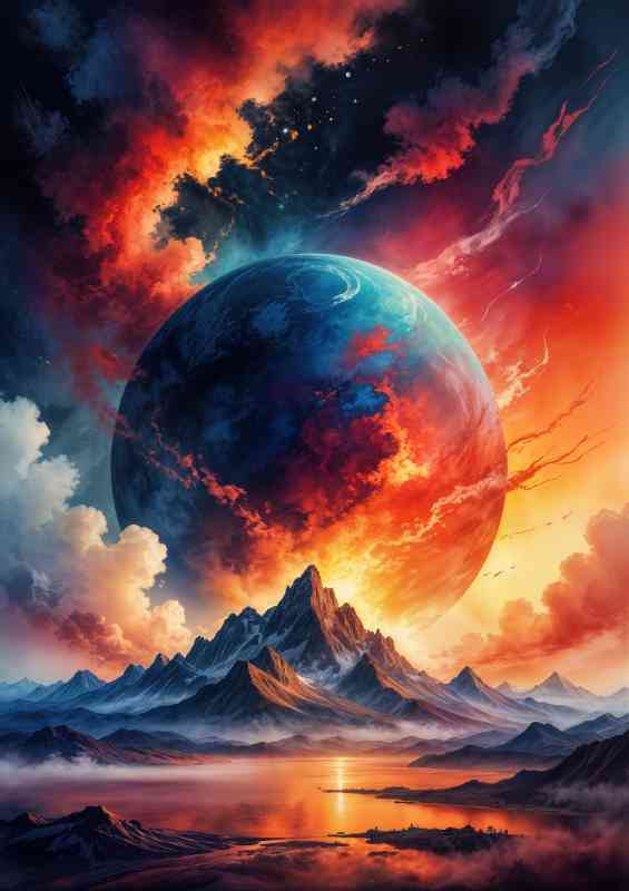 Large glowing planet behind the mountains | Metal Poster