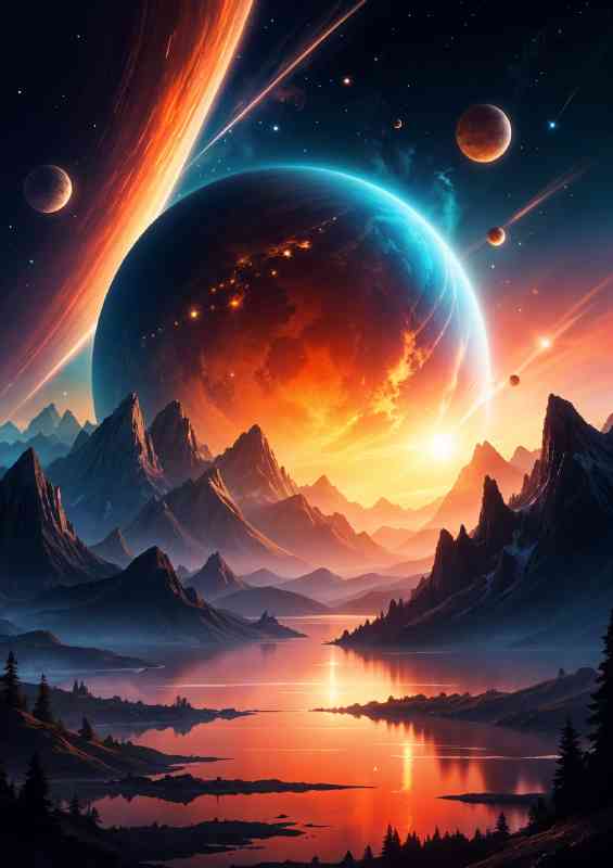Large glowing planet in the sky with lakes and mountains | Metal Poster