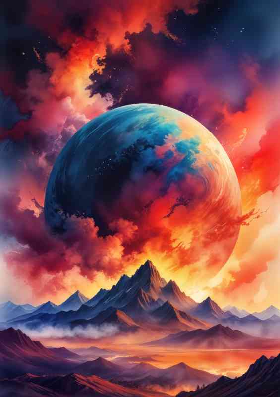 Large glowing planet with majestic mountains | Metal Poster