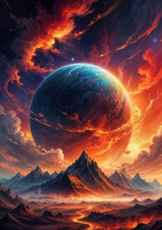 The colourful mountains with the fire planet | Poster