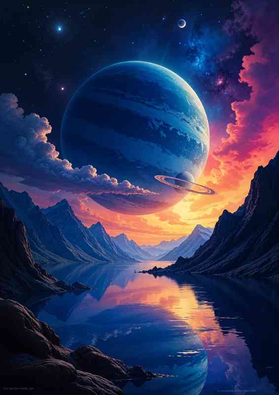 colorful fantasy landscape with a large planet or gas giant in the night sky | Poster