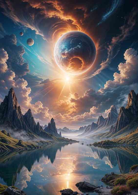 fantasy landscape with a large, glowing planet or celestial body in the sky | Di-Bond