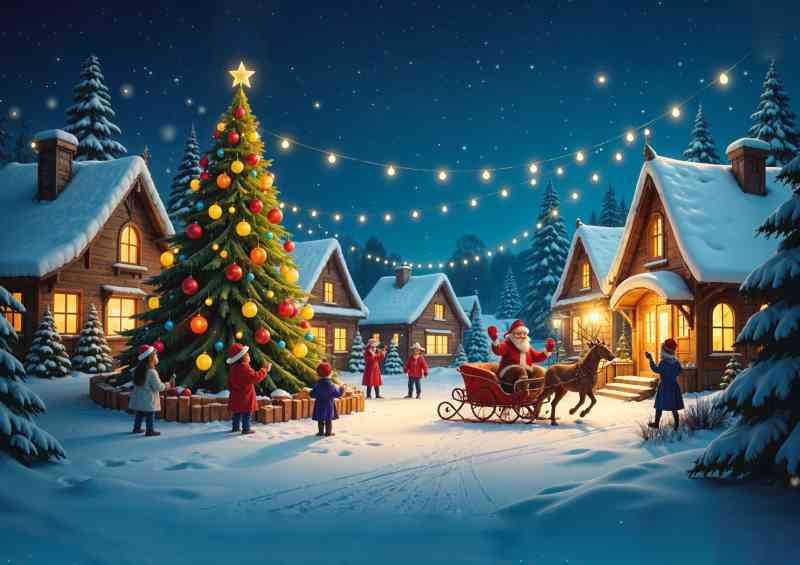 Christmas tree in the center surrounded by people singing | Poster