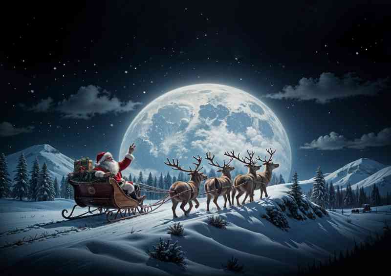 Jolly santas clause flying with his raindeers | Metal Poster
