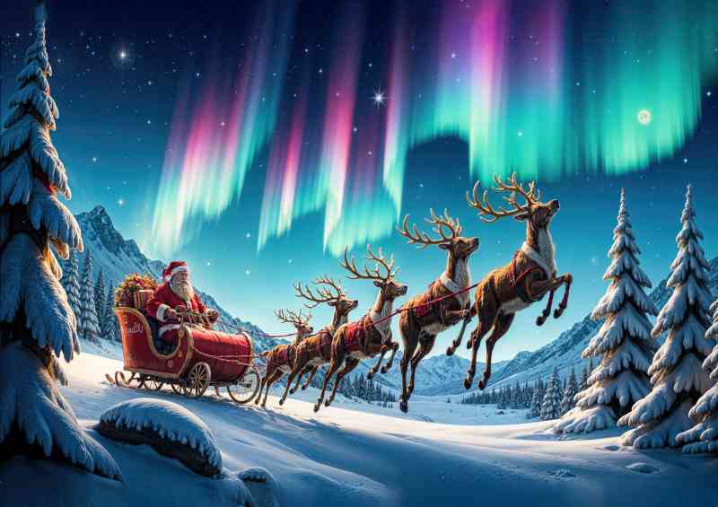 Santa and the aura night skywith raindeers | Poster