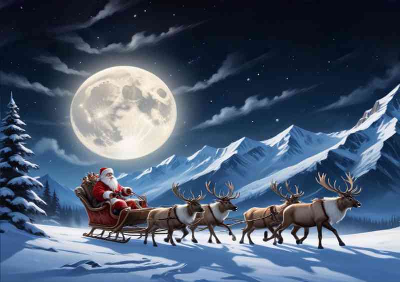 Santa clause with raindeers and the full moon | Poster