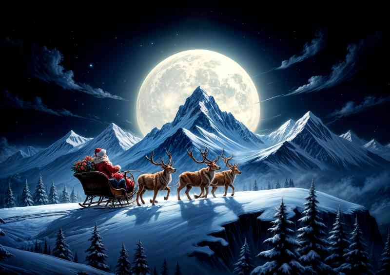 White snowy mountains and father christmas with raindeers | Di-Bond