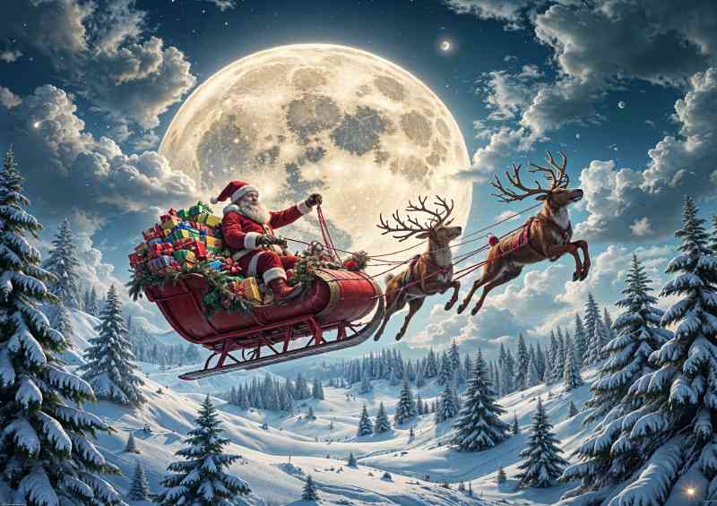 farther christmas a red luxuary sled with a big bag of toys | Poster