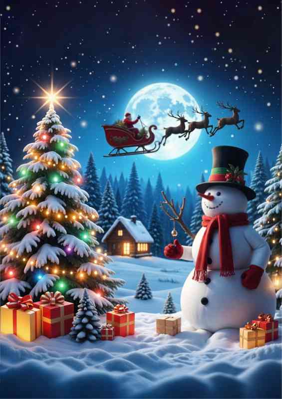 Santas sleigh and raindeers flying in the night sky | Metal Poster