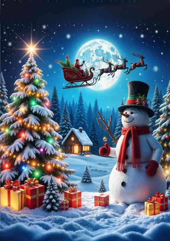 The snowman and presents under the tree | Metal Poster