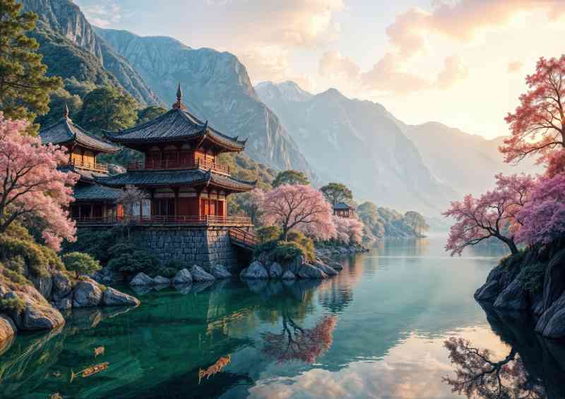 Japanese building next to the river | Metal Poster