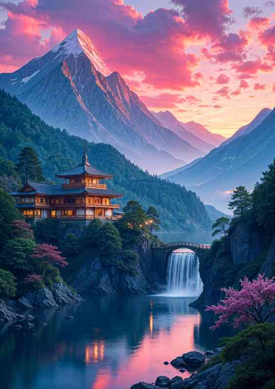 Japanese style village nestled in a mountainous landscape | Metal Poster