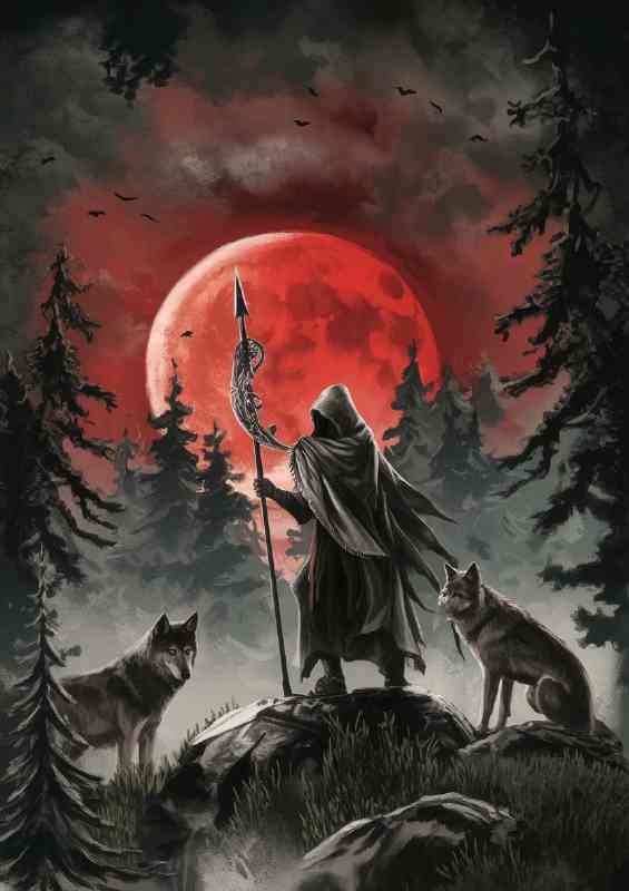 Mystical forest scene with a towering red moon | Metal Poster