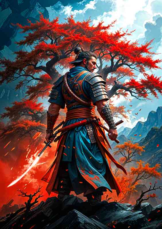 Samurai warrior wearing dark armor and a red robe | Poster