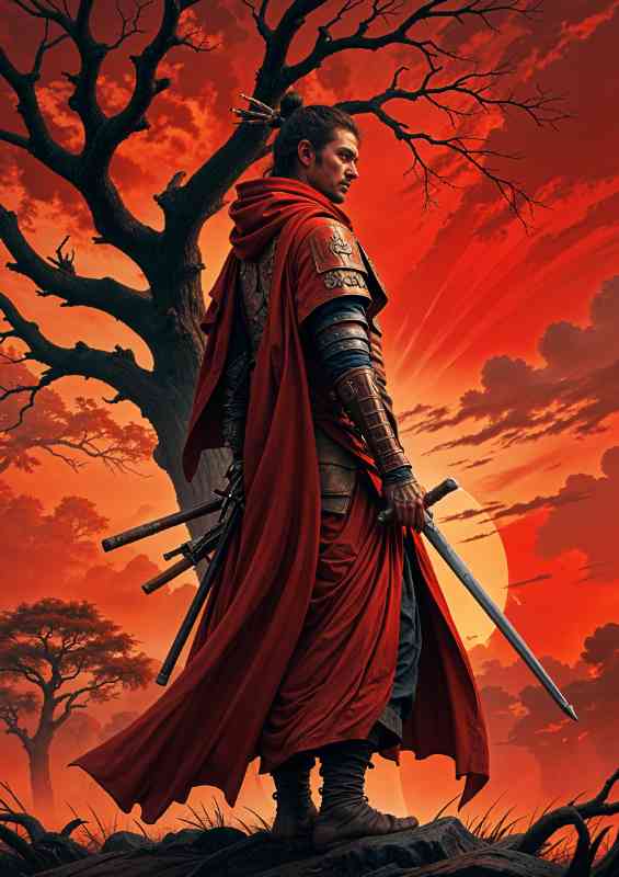 samurai warrior wearing dark armor and a red robe red glowing skies | Metal Poster