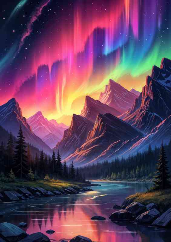 Aurora borealis and the flowing river | Metal Poster
