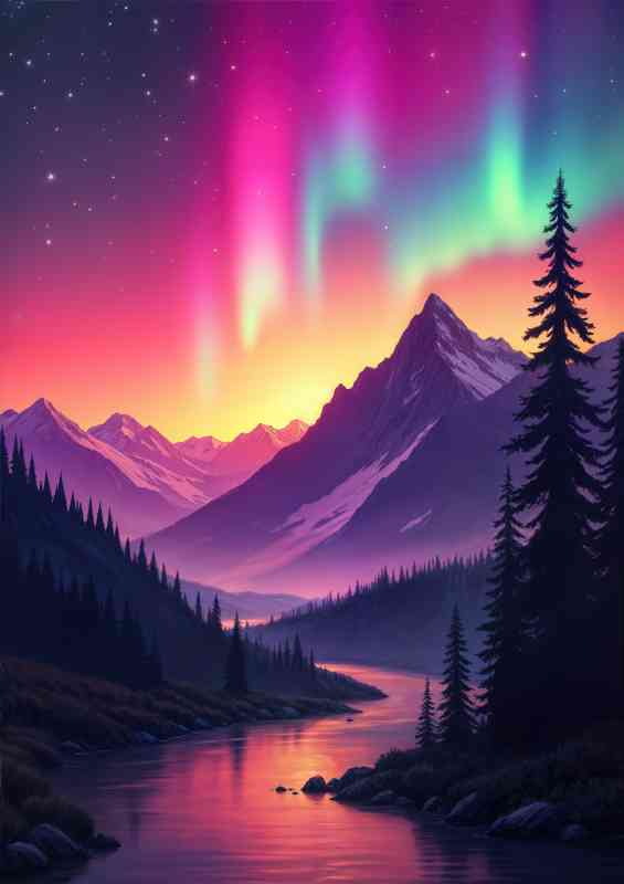 Aurora borealis in the night sky over mountains | Poster