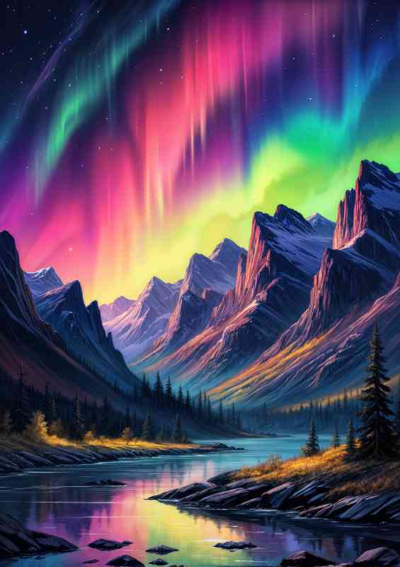 Colorful aurora borealis in the mountains with a flowing river | Metal Poster