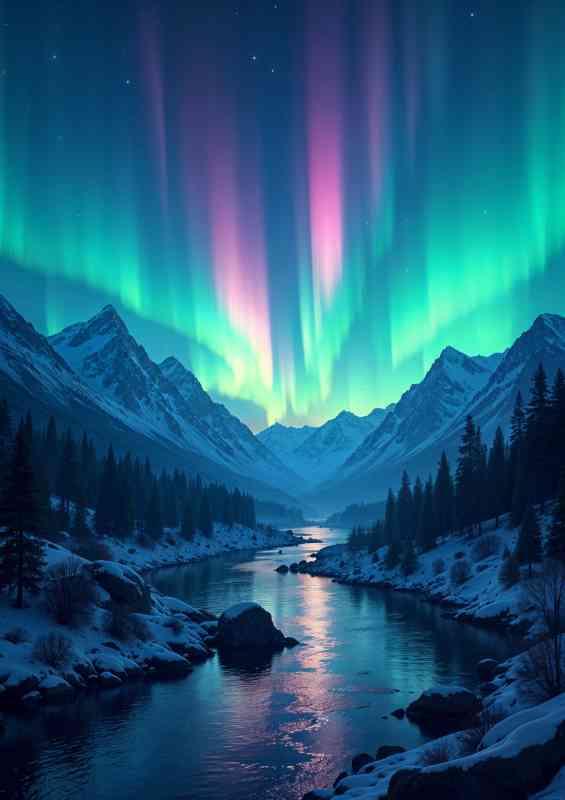 Colorful aurora borealis in the night sky over a mountain | Poster
