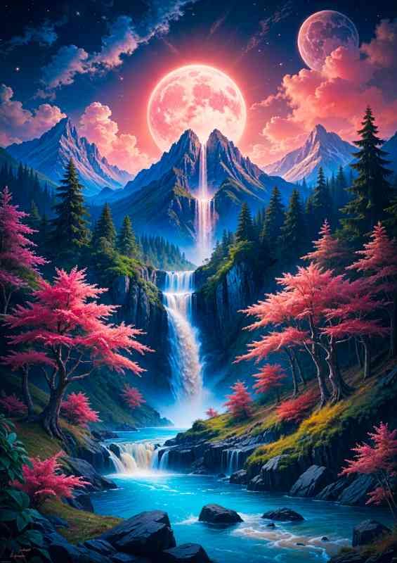 Majestic mountain with a waterfall cascading down to the stream | Poster