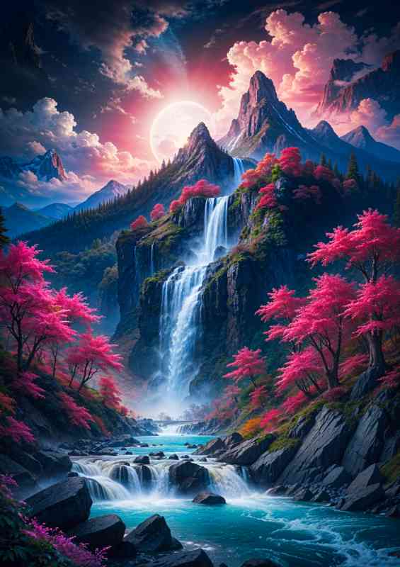 Mountain with a waterfall cascading down the hill with vibrant colours | Poster