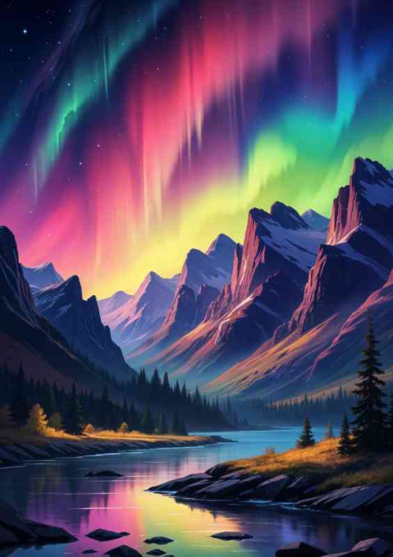 Night sky over a mountainous landscape aurora borealis | Poster
