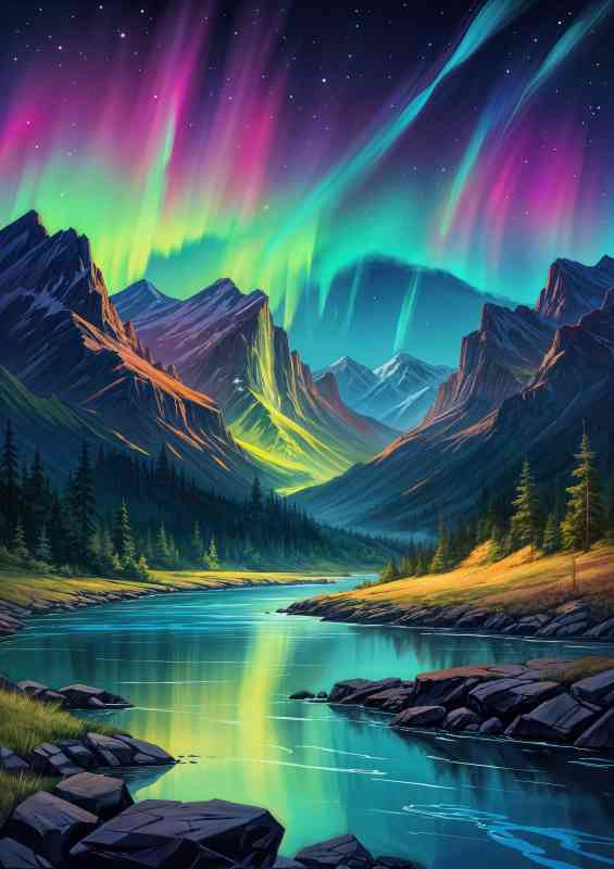 Painting colorful aurora borealis in the mountains | Metal Poster