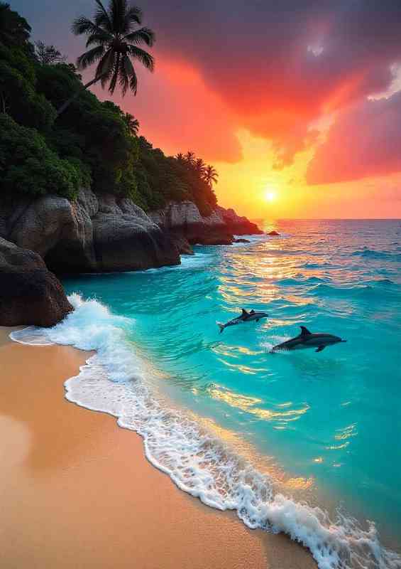 Tropical beach with turquoise waters rocky cliff and dolphins | Metal Poster
