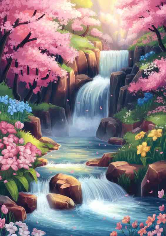Vibrant and picturesque landscape a cascading waterfall | Metal Poster