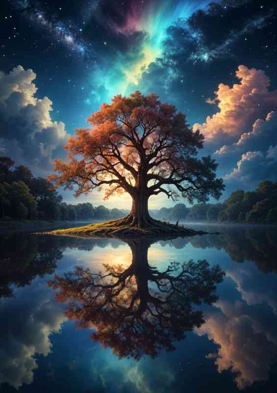 Majestic oak tree with a striking glowing multi colours reflection | Poster