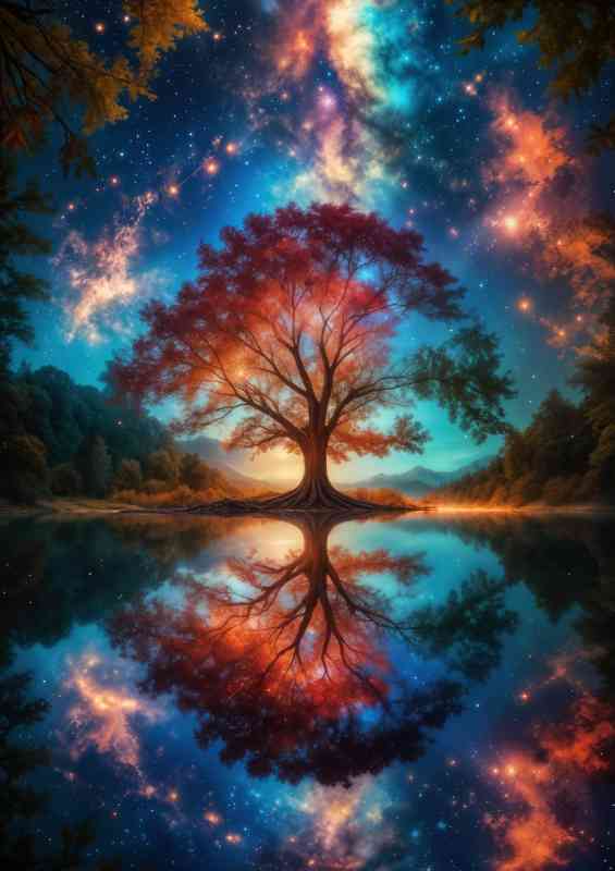 Surreal dreamlike oak tree in the lake with a night sky | Canvas